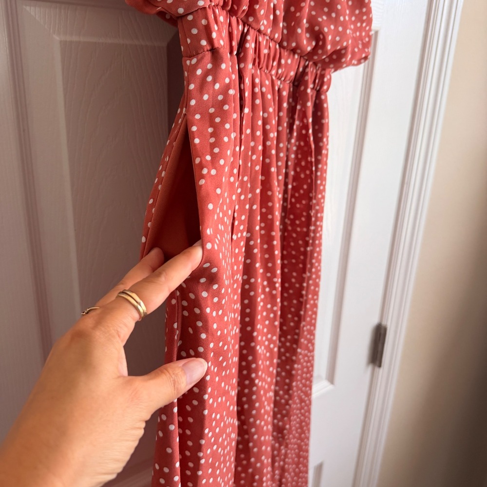 Sienna Sky Womens Rust Polka Dot V-Neck Flutter Sleeve Midi Dress Small - Picture 12 of 13